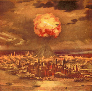 New York City at risk, 1950--In "Hiroshima U.S.A." artist Chesley Bonestell imagined an atomic bomb attack on the city. Painted for the cover of Collier's, August 5, 1950 (reproduced courtesy of Bonestell LLC).